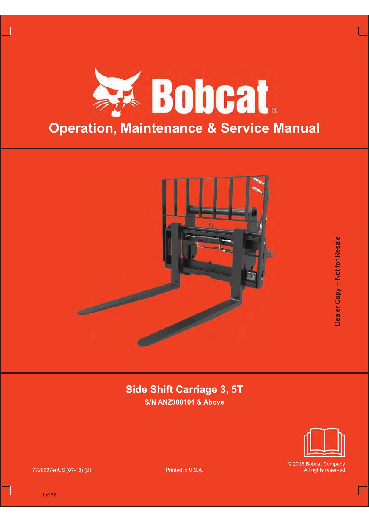 Side Shift Carriage 3, 5T Attachment Operation & Maintenance and Service Manual Bobcat